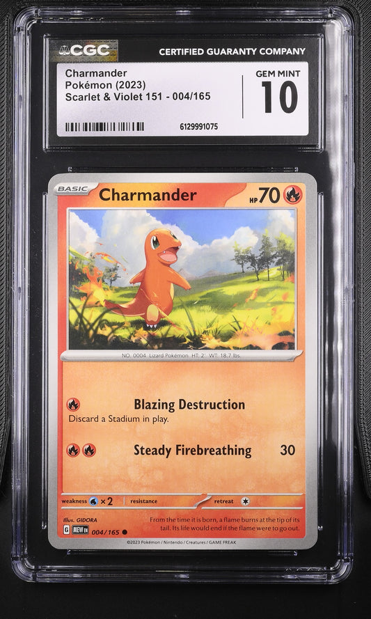 CGC 10 Gem Mint Charmander 004/165 from Scarlet & Violet 151 front view in slab