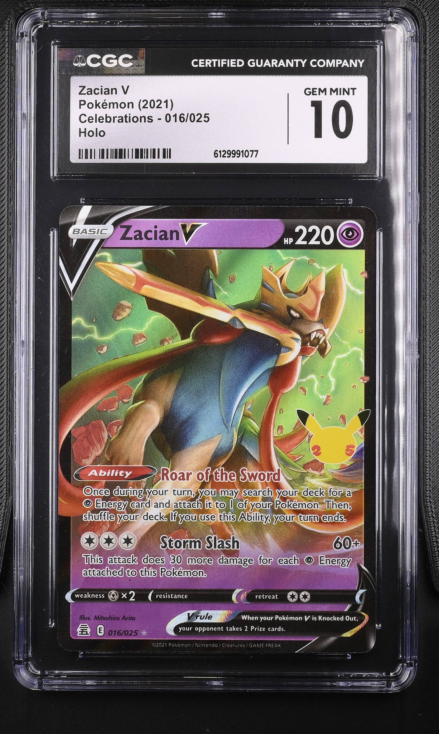 CGC 10 Gem Mint graded 2021 Pokémon Celebrations Zacian V holographic card front with artwork by legendary illustrator Mitsuhiro Arita.