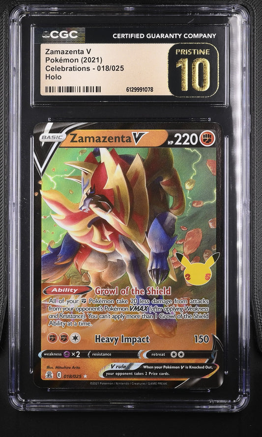 CGC Pristine 10 graded 2021 English Zamazenta V 018/025 from Celebrations featuring 25th Anniversary Pikachu stamp and dynamic artwork by Mitsuhiro Arita.
