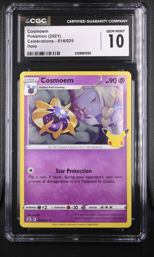 CGC 10 Gem Mint graded 2021 Pokémon Celebrations Cosmoem holographic card front featuring sleeping Lillie cameo artwork by artist kirisAki.