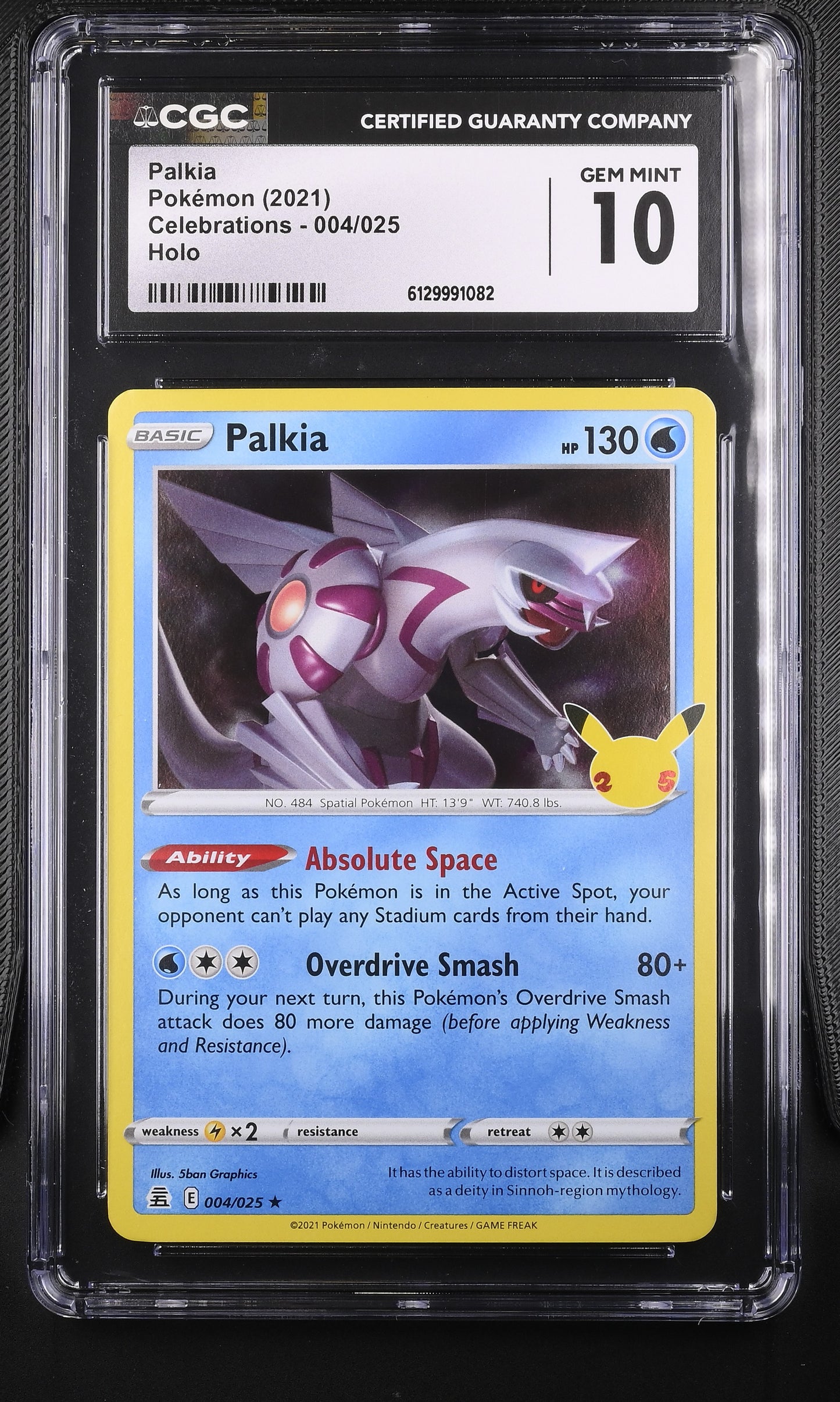CGC 10 Gem Mint graded 2021 Pokémon Celebrations Palkia holographic card front featuring the 25th-anniversary logo stamp.