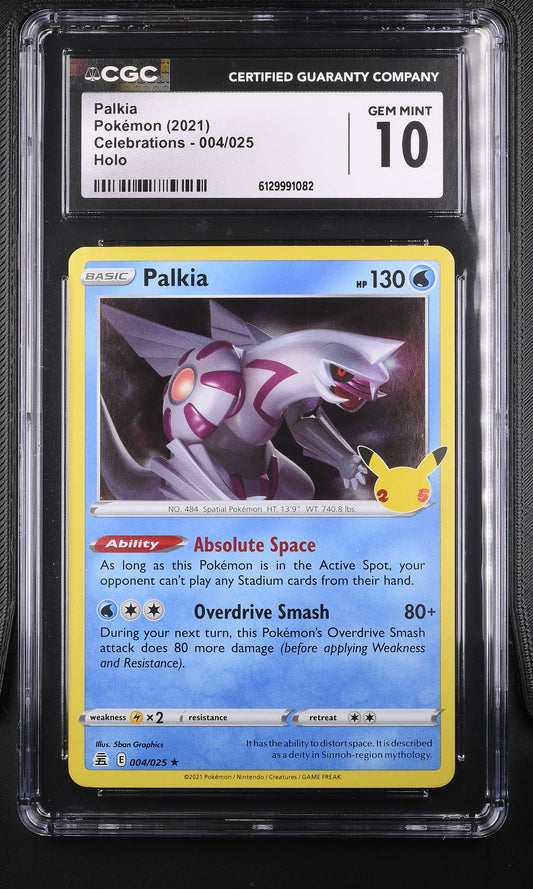 CGC 10 Gem Mint graded 2021 Pokémon Celebrations Palkia holographic card front featuring the 25th-anniversary logo stamp.