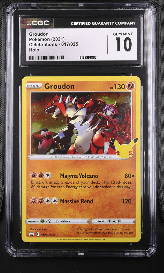 CGC 10 Gem Mint graded 2021 Pokémon Celebrations Groudon holographic card front featuring Team Magma Courtney and Maxie character cameo art by Ryuta Fuse.