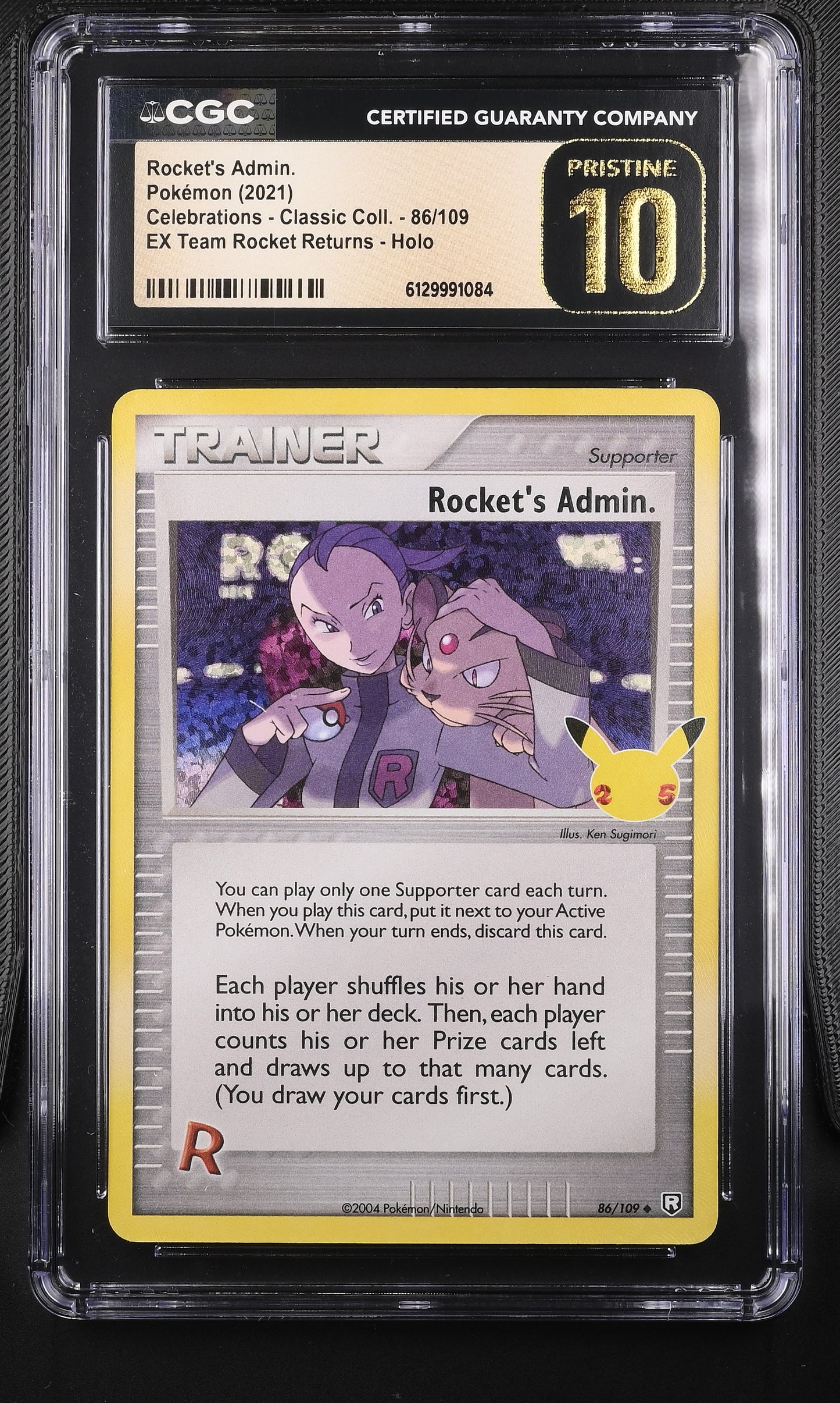 CGC Pristine 10 graded 2021 English Rocket's Admin. 86/109 from Celebrations Classic Collection featuring the 25th Anniversary stamp and Ken Sugimori artwork.