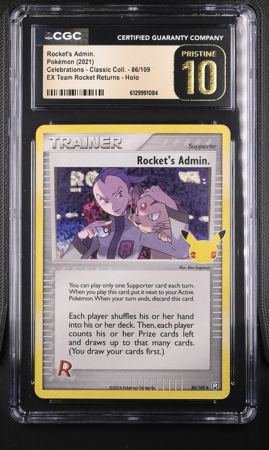 CGC Pristine 10 graded 2021 English Rocket's Admin. 86/109 from Celebrations Classic Collection featuring the 25th Anniversary stamp and Ken Sugimori artwork.