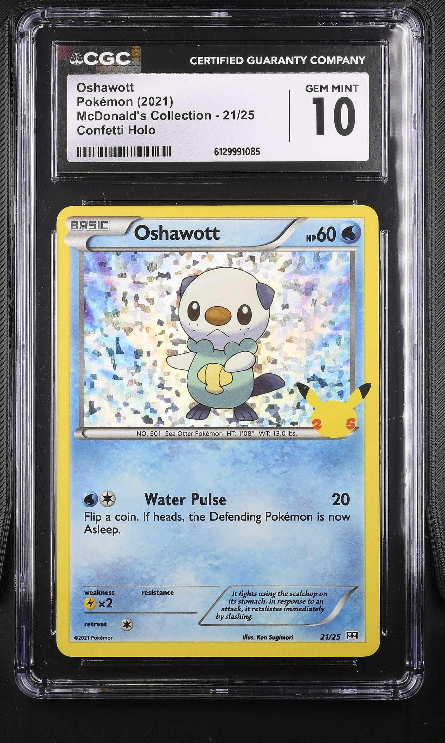 CGC Gem Mint 10 graded 2021 English Oshawott 21/25 from the McDonald's 25th Anniversary Collection featuring a special Confetti Holofoil background and Pikachu stamp.