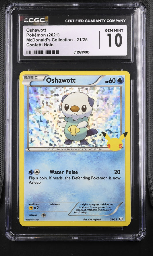 CGC Gem Mint 10 graded 2021 English Oshawott 21/25 from the McDonald's 25th Anniversary Collection featuring a special Confetti Holofoil background and Pikachu stamp.