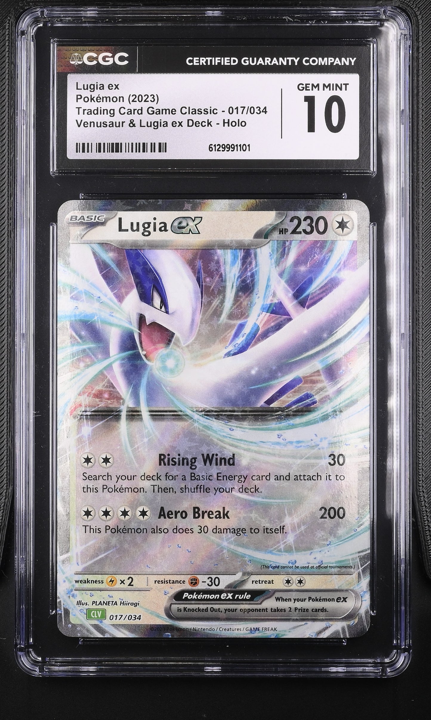 CGC Gem Mint 10 graded 2023 English Lugia ex 017/034 from the premium Trading Card Game Classic Venusaur Deck featuring dynamic vortex artwork by PLANETA Hiiragi.