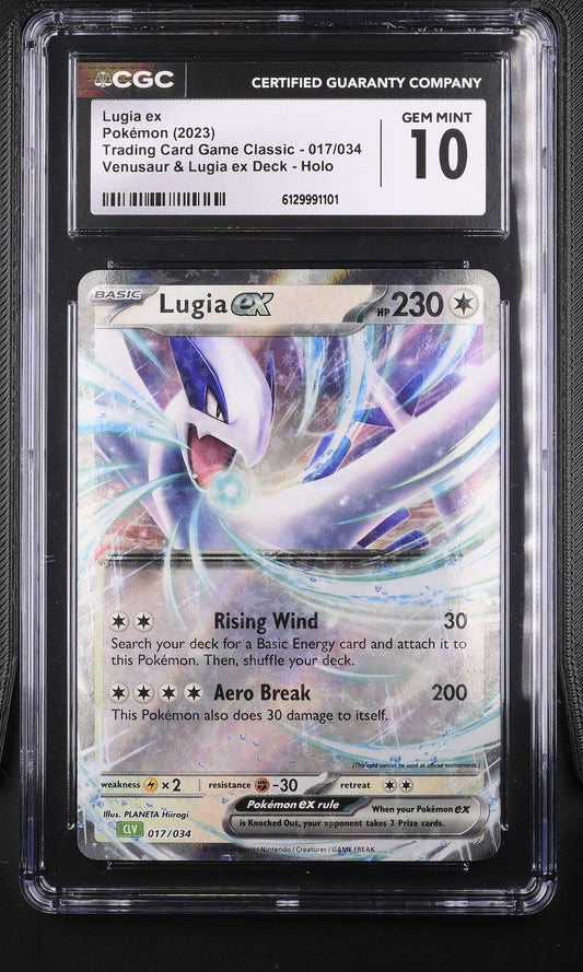CGC Gem Mint 10 graded 2023 English Lugia ex 017/034 from the premium Trading Card Game Classic Venusaur Deck featuring dynamic vortex artwork by PLANETA Hiiragi.