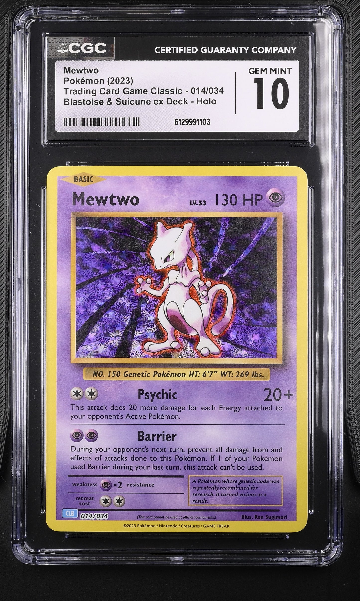 CGC Gem Mint 10 graded 2023 English Mewtwo 014/034 from Trading Card Game Classic Blastoise Deck featuring classic Ken Sugimori artwork with a striking glitter holofoil background.