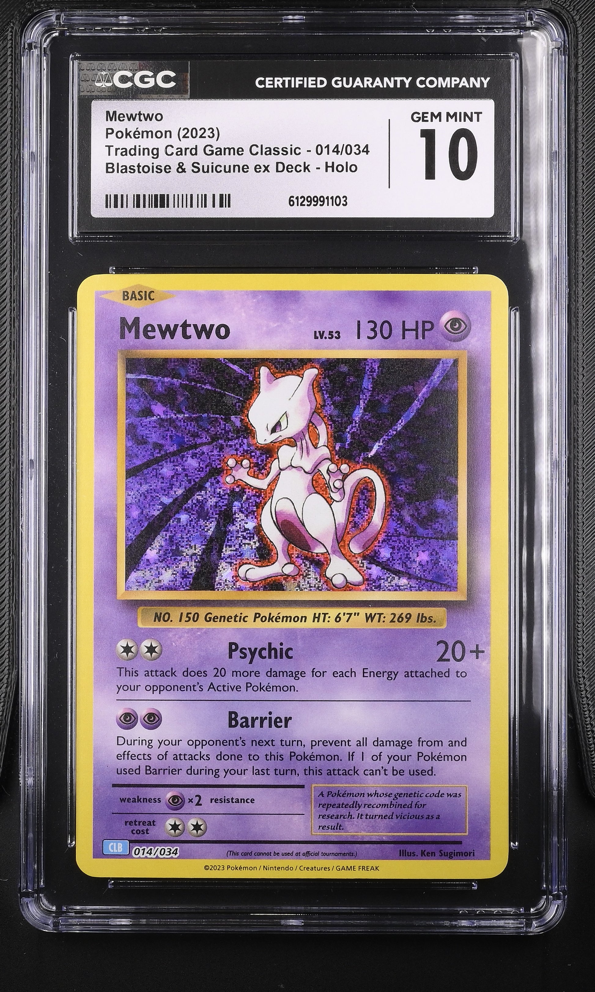 CGC Gem Mint 10 graded 2023 English Mewtwo 014/034 from Trading Card Game Classic Blastoise Deck featuring classic Ken Sugimori artwork with a striking glitter holofoil background.