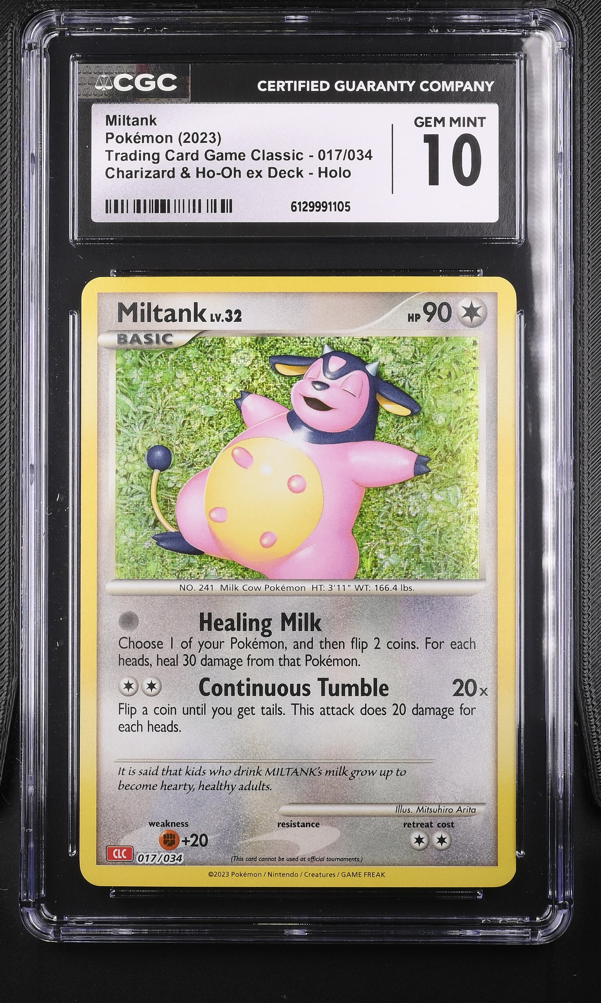 CGC Gem Mint 10 graded 2023 English Miltank 017/034 from Trading Card Game Classic Charizard Deck featuring serene Mitsuhiro Arita artwork with a modern glitter holofoil background.
