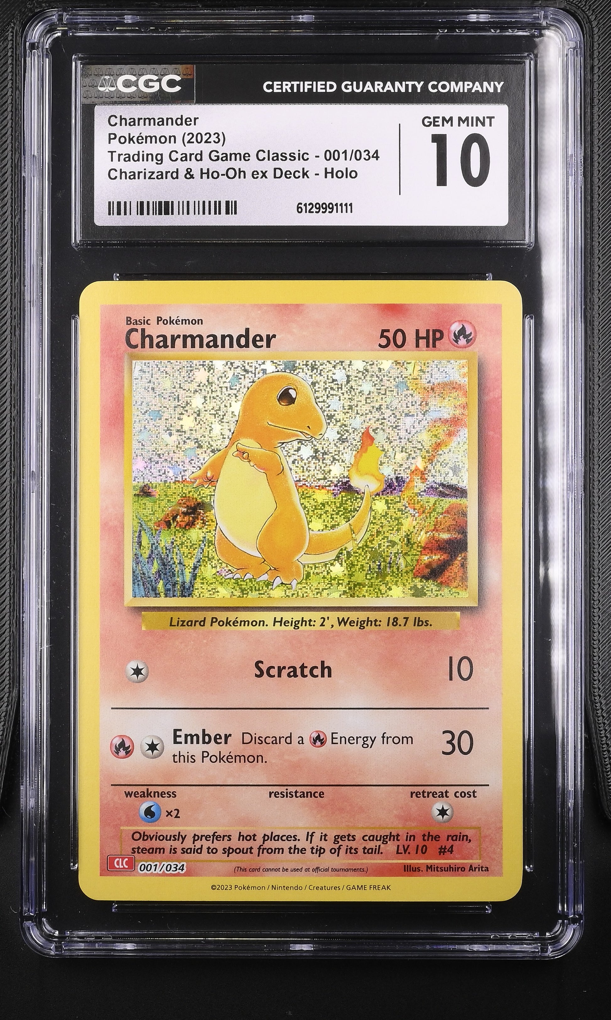 CGC Gem Mint 10 graded 2023 English Charmander 001/034 from Trading Card Game Classic Charizard Deck featuring classic Mitsuhiro Arita artwork with a striking glitter holofoil background.