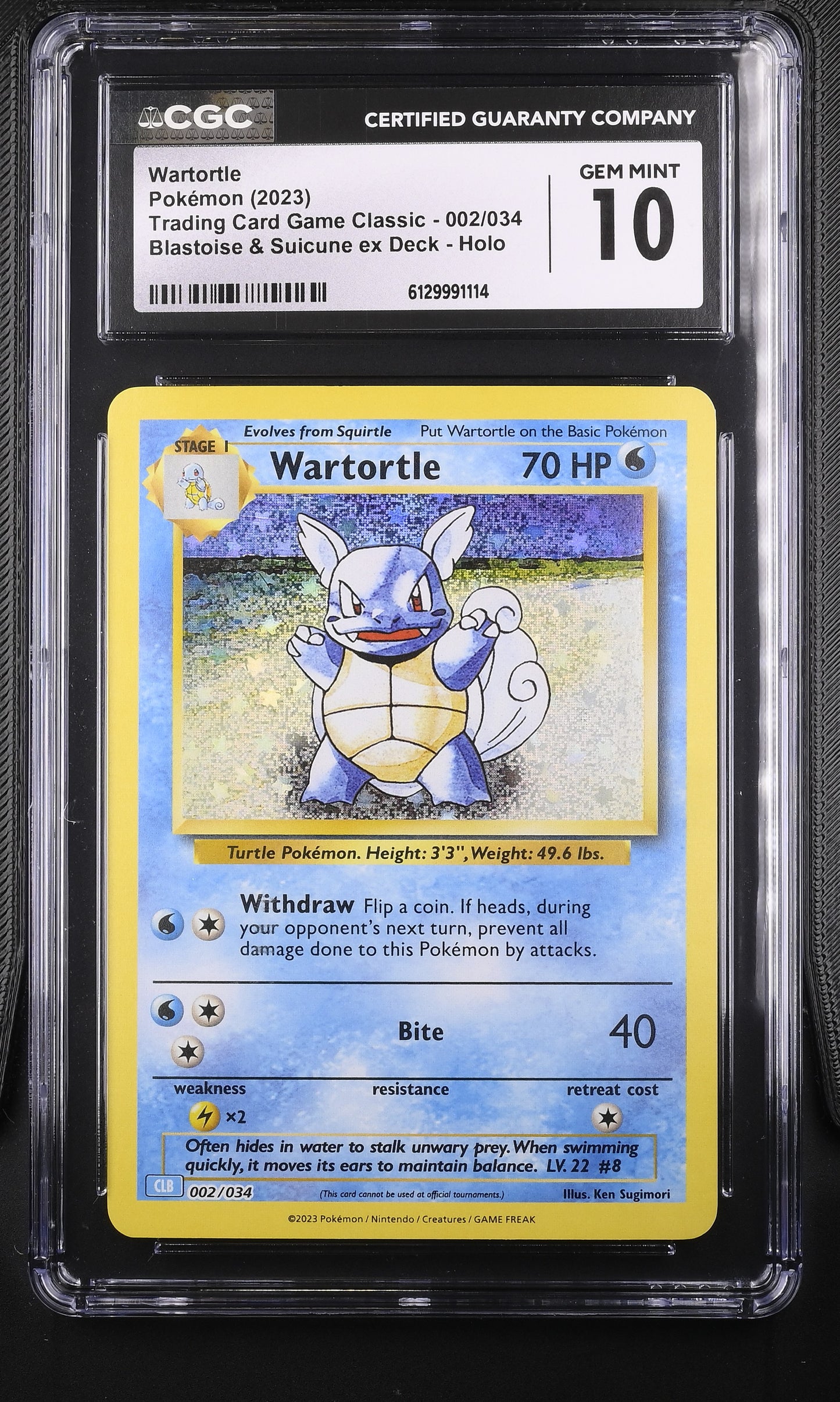 CGC Gem Mint 10 graded 2023 English Wartortle 002/034 from Trading Card Game Classic Blastoise Deck featuring classic Ken Sugimori artwork with a striking glitter holofoil background.