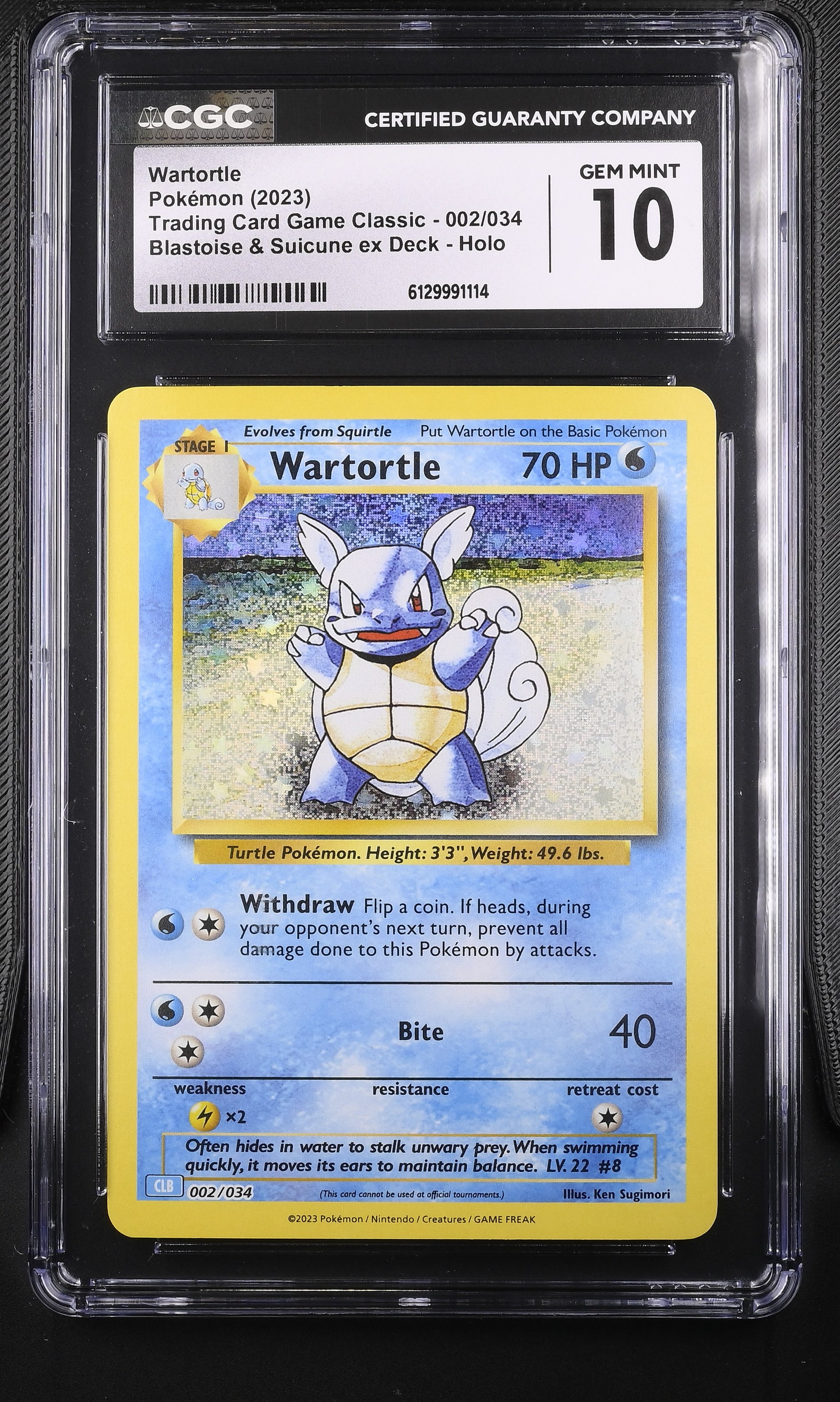 CGC Gem Mint 10 graded 2023 English Wartortle 002/034 from Trading Card Game Classic Blastoise Deck featuring classic Ken Sugimori artwork with a striking glitter holofoil background.