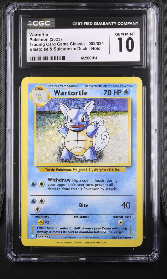 CGC Gem Mint 10 graded 2023 English Wartortle 002/034 from Trading Card Game Classic Blastoise Deck featuring classic Ken Sugimori artwork with a striking glitter holofoil background.