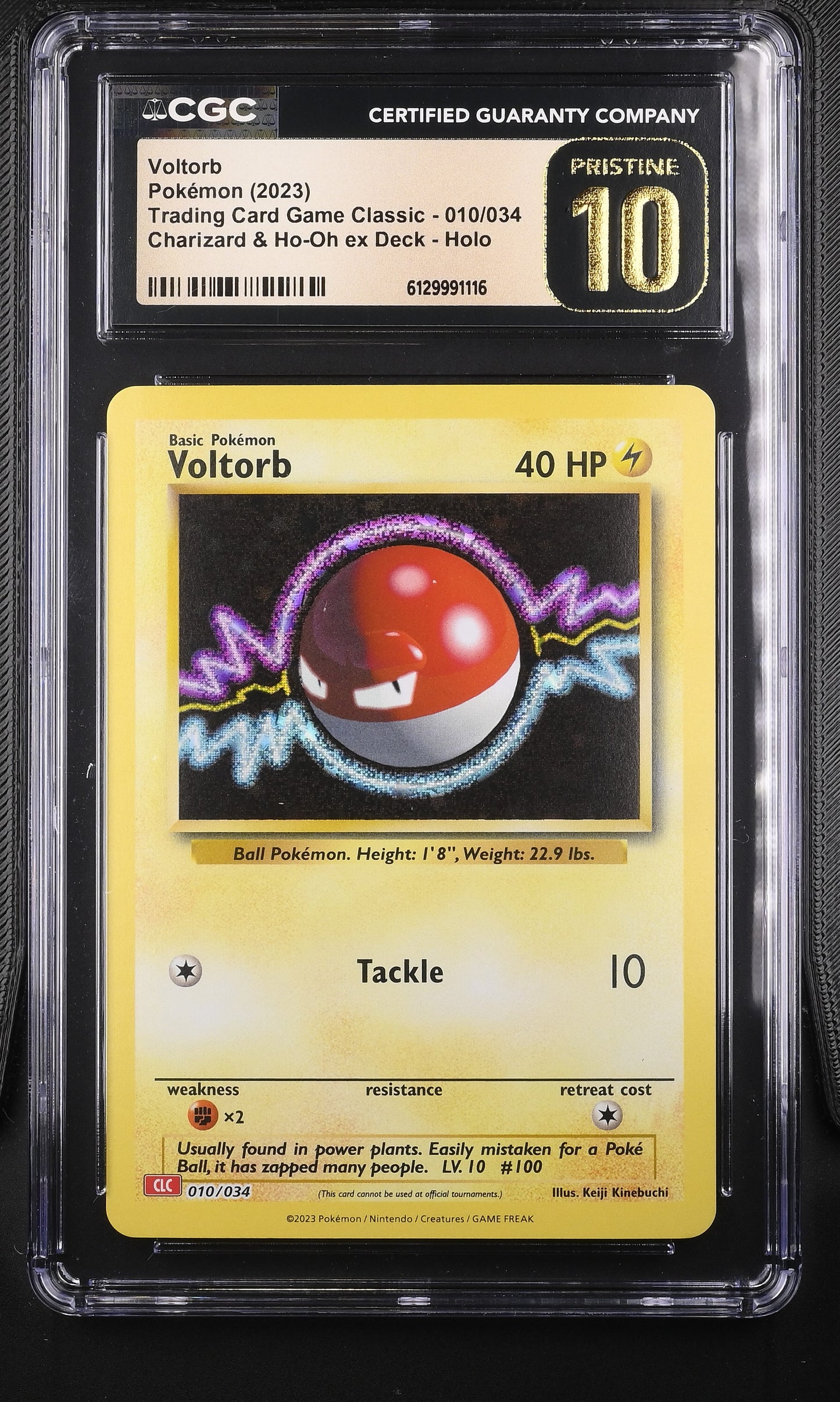 CGC Pristine 10 graded 2023 English Voltorb 010/034 from Trading Card Game Classic Charizard Deck featuring classic Keiji Kinebuchi artwork with a modern glitter holofoil background.