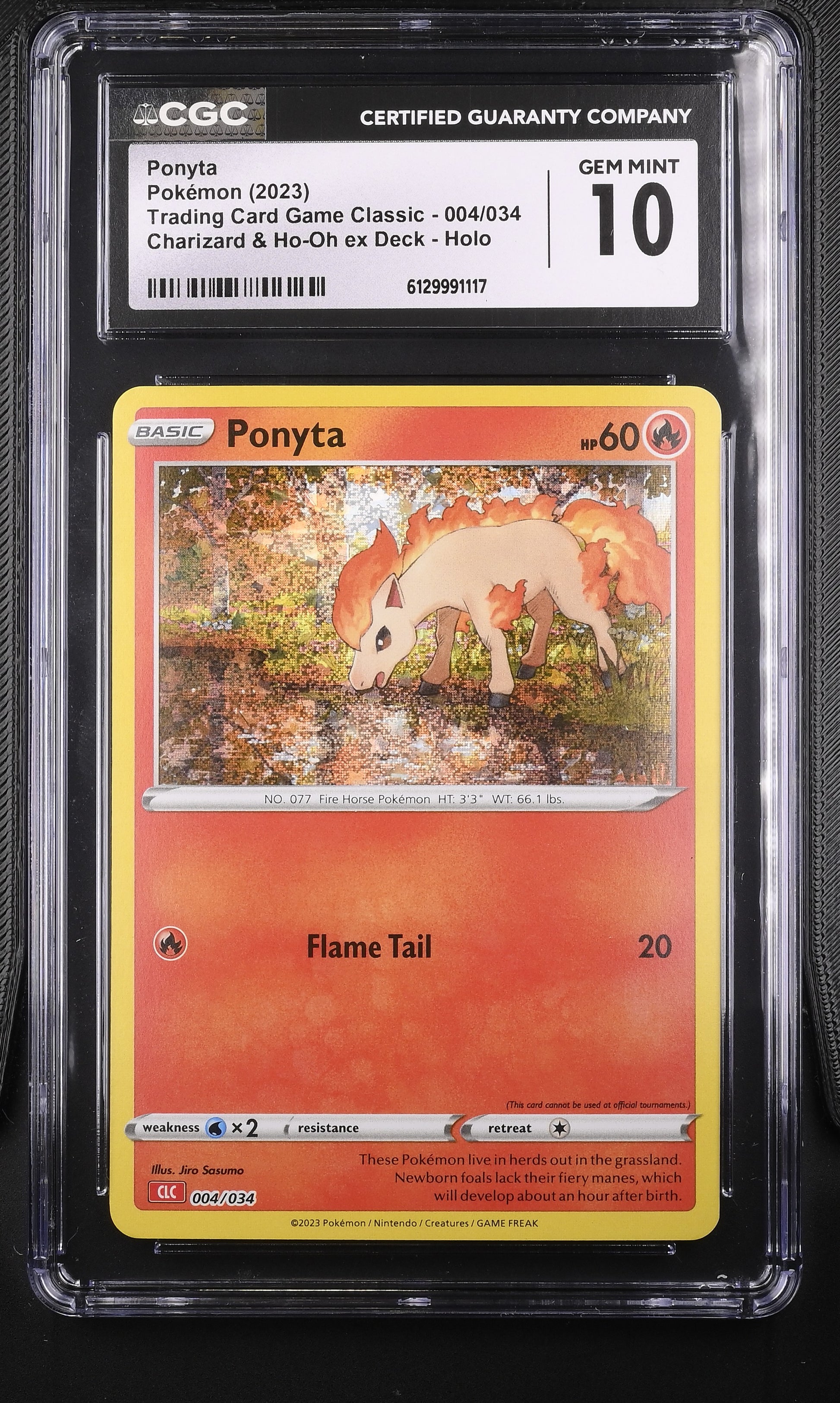 CGC Gem Mint 10 graded 2023 English Ponyta 004/034 from Trading Card Game Classic Charizard Deck featuring detailed artwork by Jiro Sasumo with a modern glitter holofoil background.