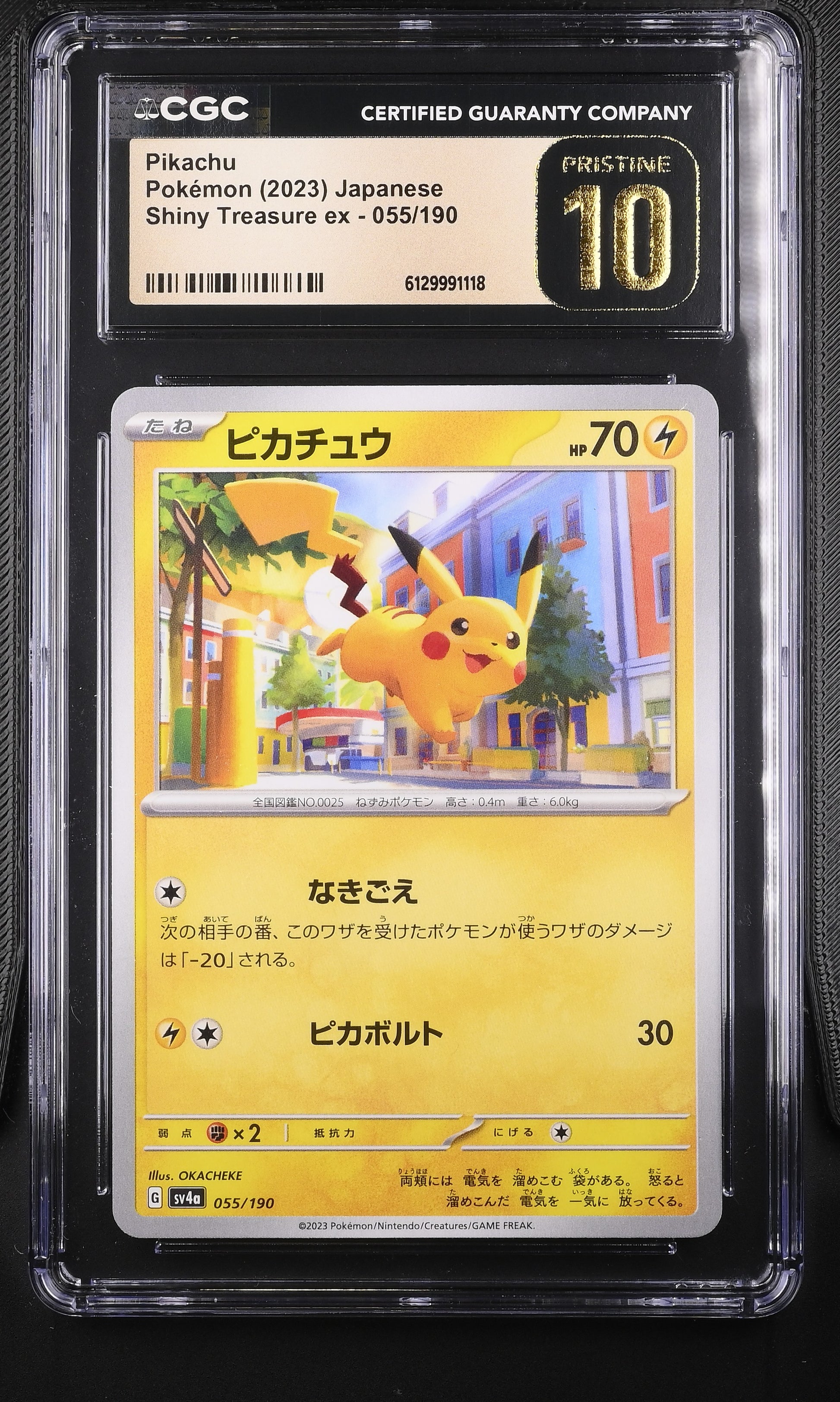 CGC Pristine 10 graded 2023 Japanese Pikachu 055/190 from Shiny Treasure ex featuring vibrant townscape artwork by OKACHEKE.