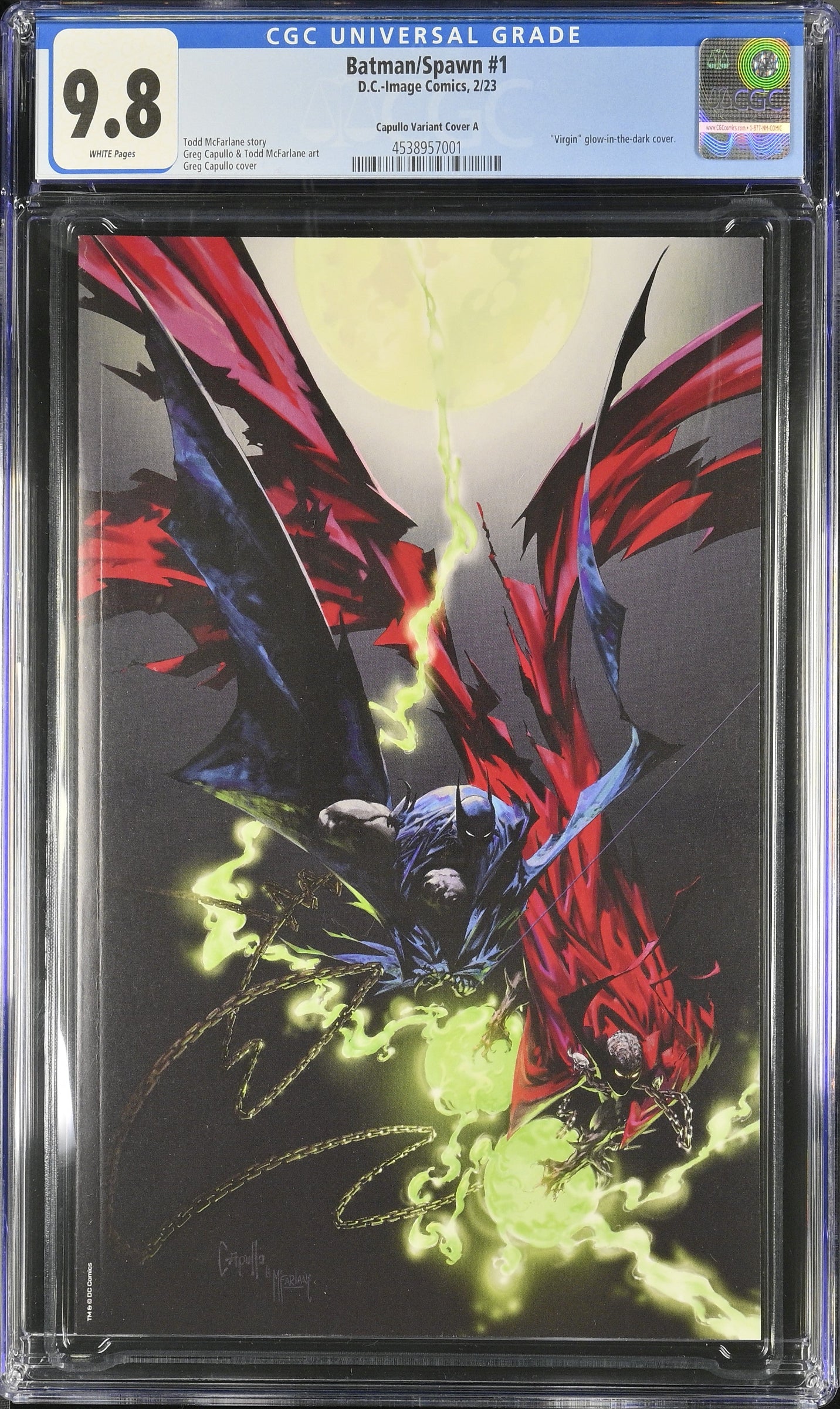 Batman/Spawn #1 Capullo Variant CGC 9.8 virgin glow-in-the-dark comic book cover featuring Batman and Spawn
