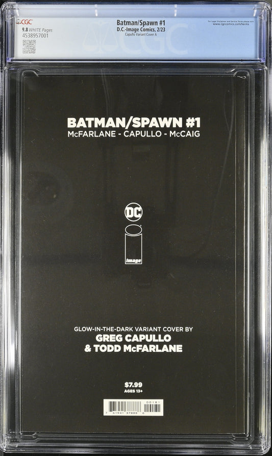 Batman/Spawn #1 Capullo Variant CGC 9.8 virgin glow-in-the-dark comic book cover featuring Batman and Spawn
