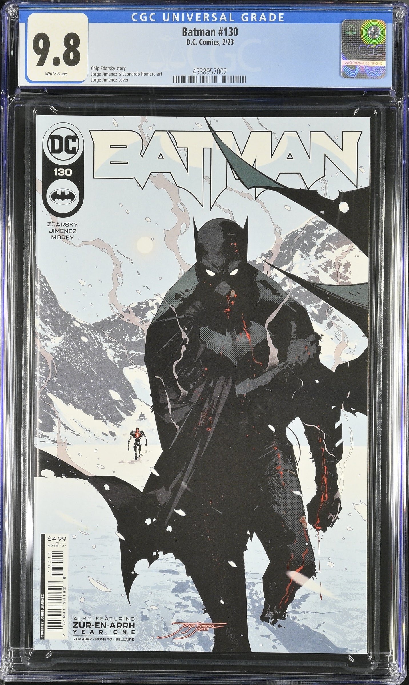 Batman #130 CGC 9.8 Jorge Jimenez cover with snowy battlefield scene and Batman walking wounded
