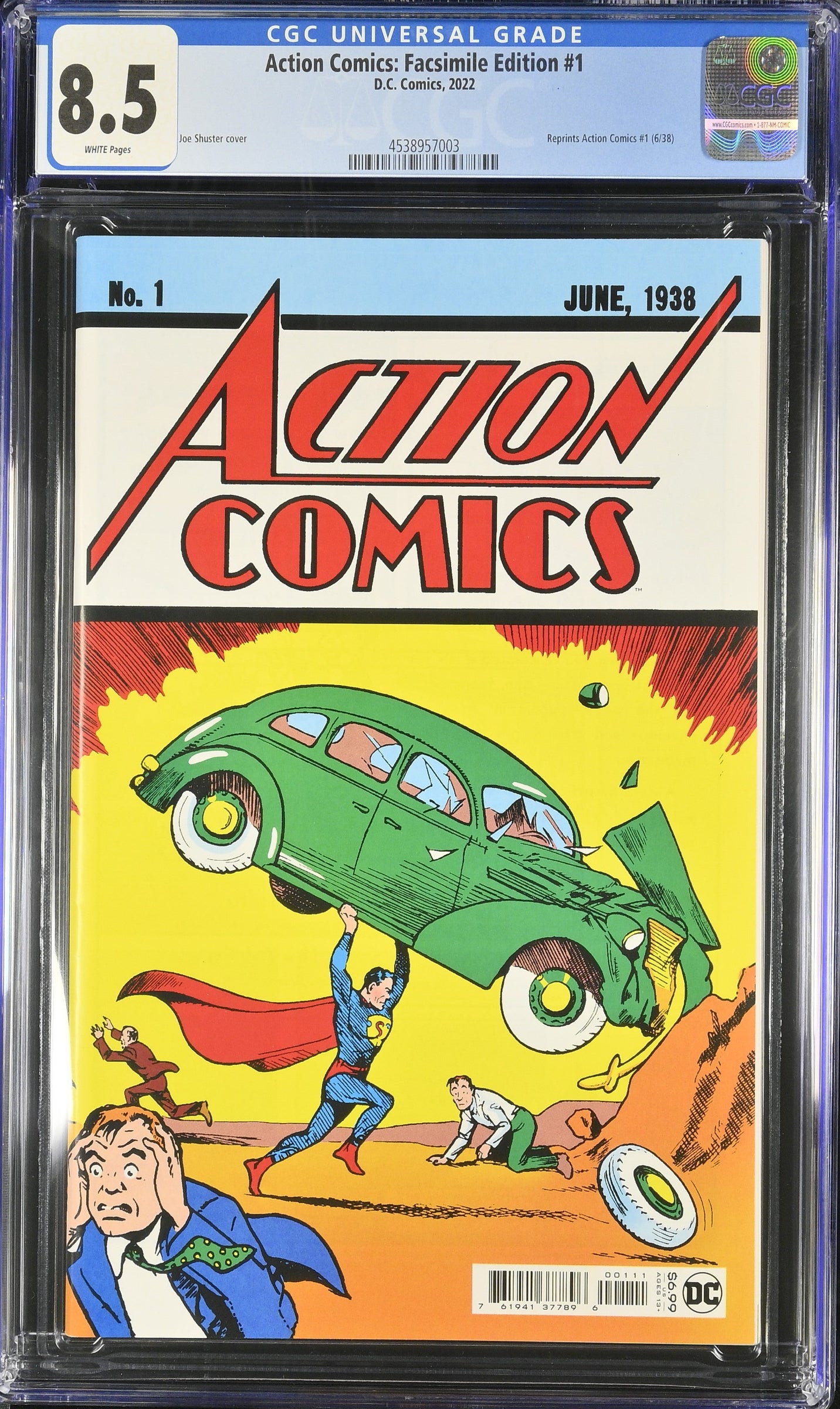 Action Comics #1 Facsimile Edition 2022 with Superman cover, CGC 8.5 graded collectible comic from DC Comics

