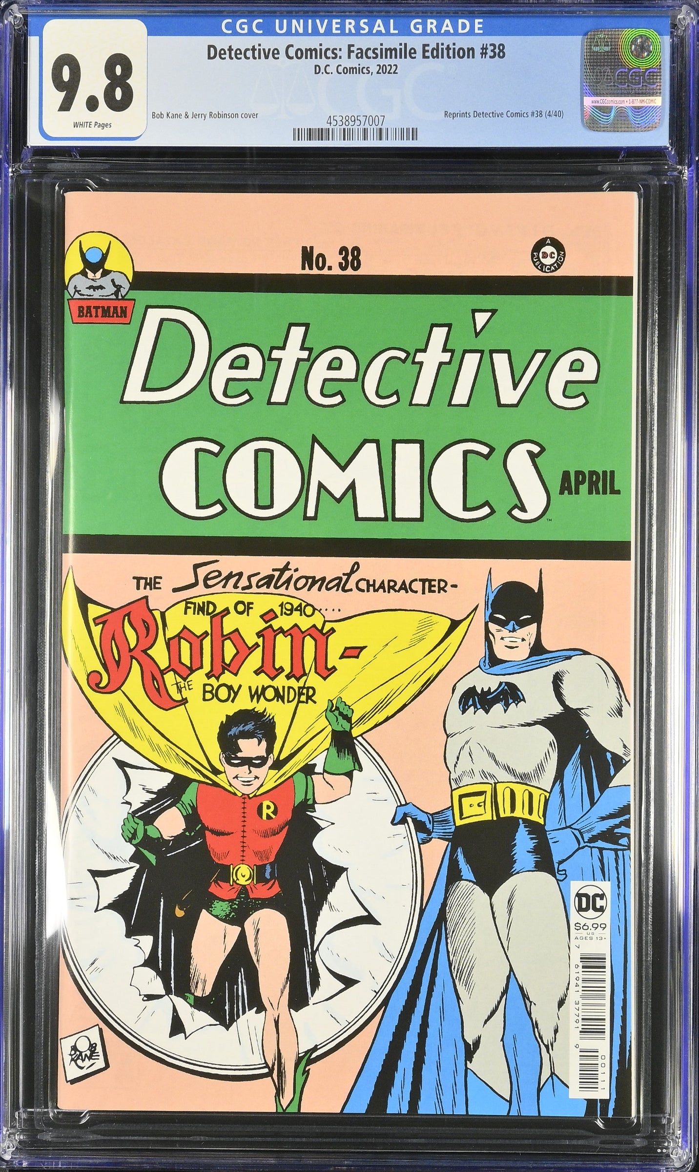 Detective Comics Facsimile #38 CGC 9.8 comic featuring first Robin cover artwork from 1940 reprint
