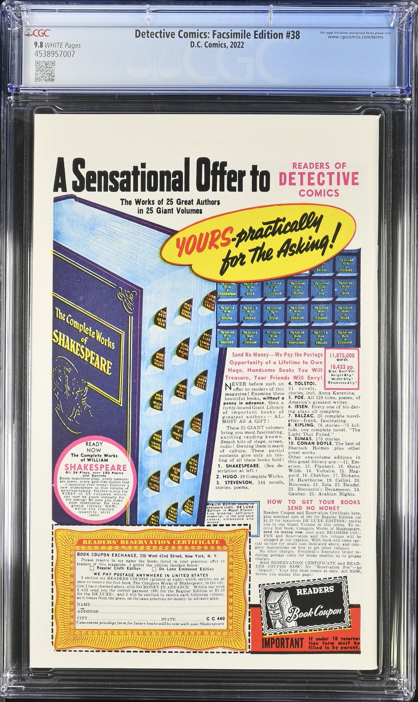 Detective Comics Facsimile #38 CGC 9.8 comic featuring first Robin cover artwork from 1940 reprint
