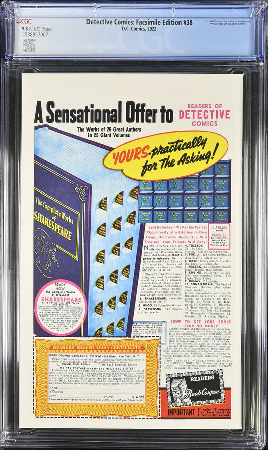 Detective Comics Facsimile #38 CGC 9.8 comic featuring first Robin cover artwork from 1940 reprint
