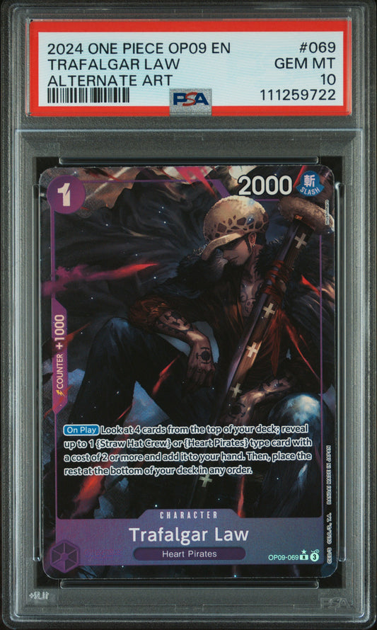 2024 One Piece OP09 Trafalgar Law #069 Alternate Art PSA 10 GEM MINT card featuring the Heart Pirates captain with sword in moody artwork
