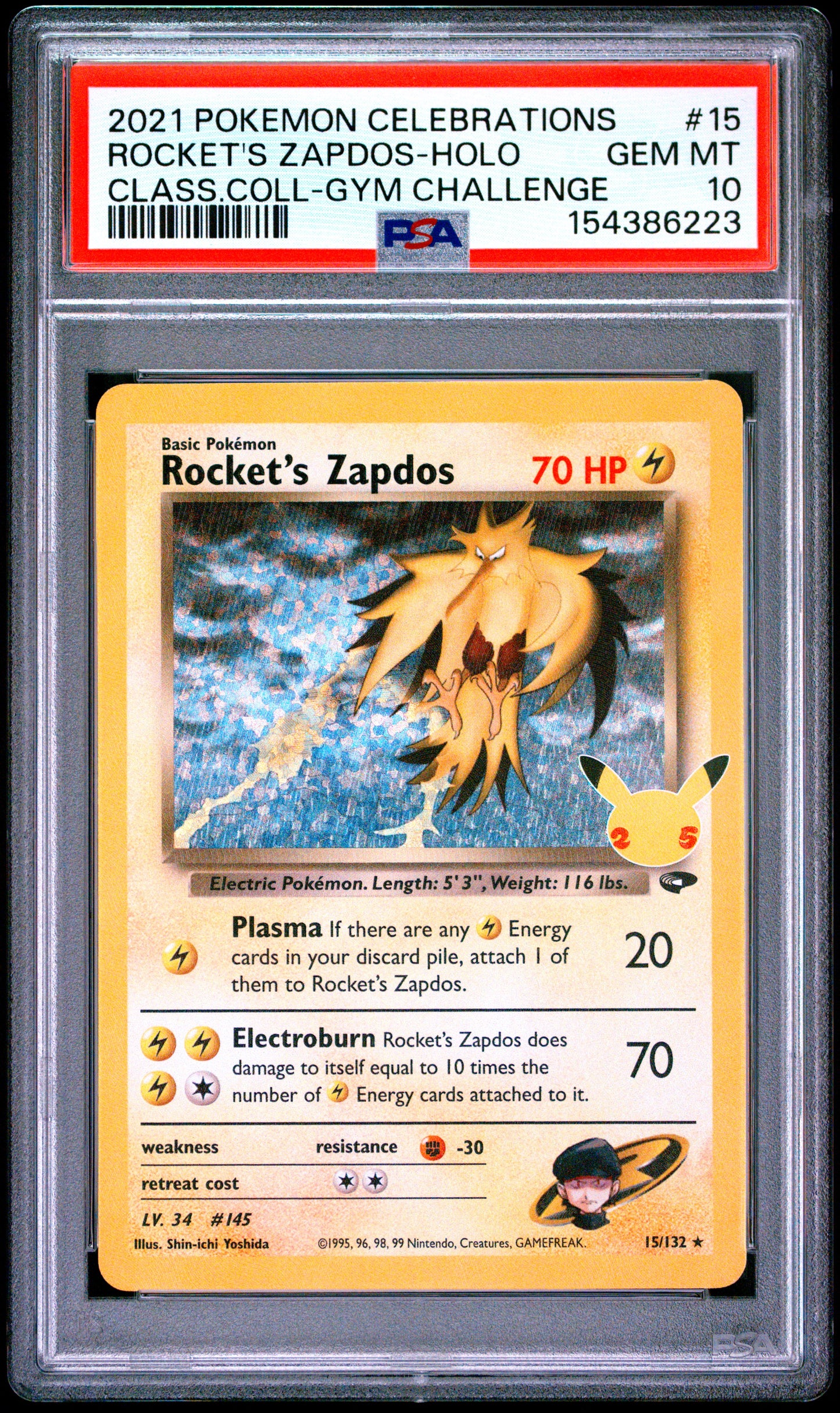 PSA 10 Rocket's Zapdos 15/132 Holo from Pokémon Celebrations Classic Collection