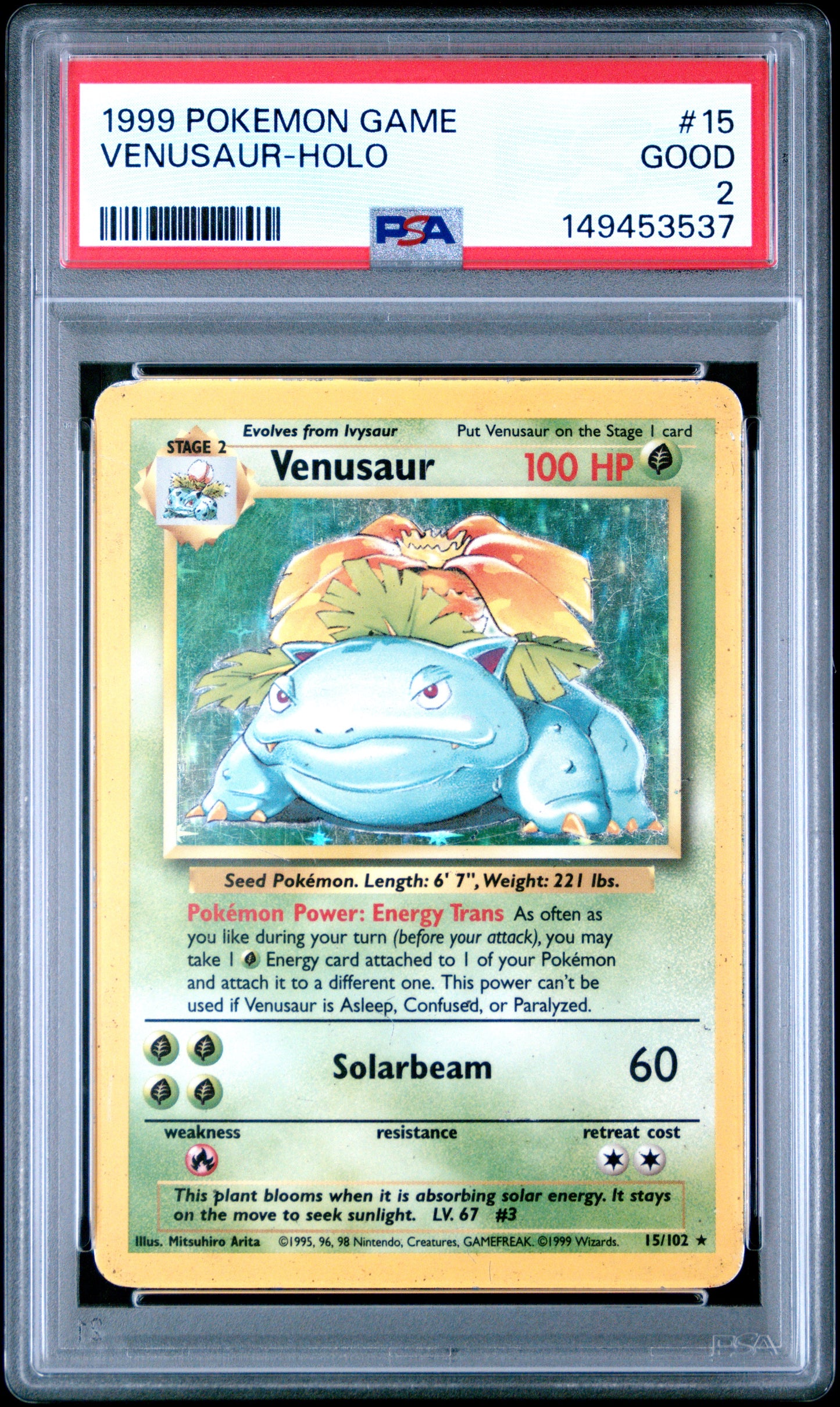 PSA 2 Good graded 1999 English Pokémon Base Set Venusaur rare holographic card number 15/102 featuring artwork by Mitsuhiro Arita in a protective slab.