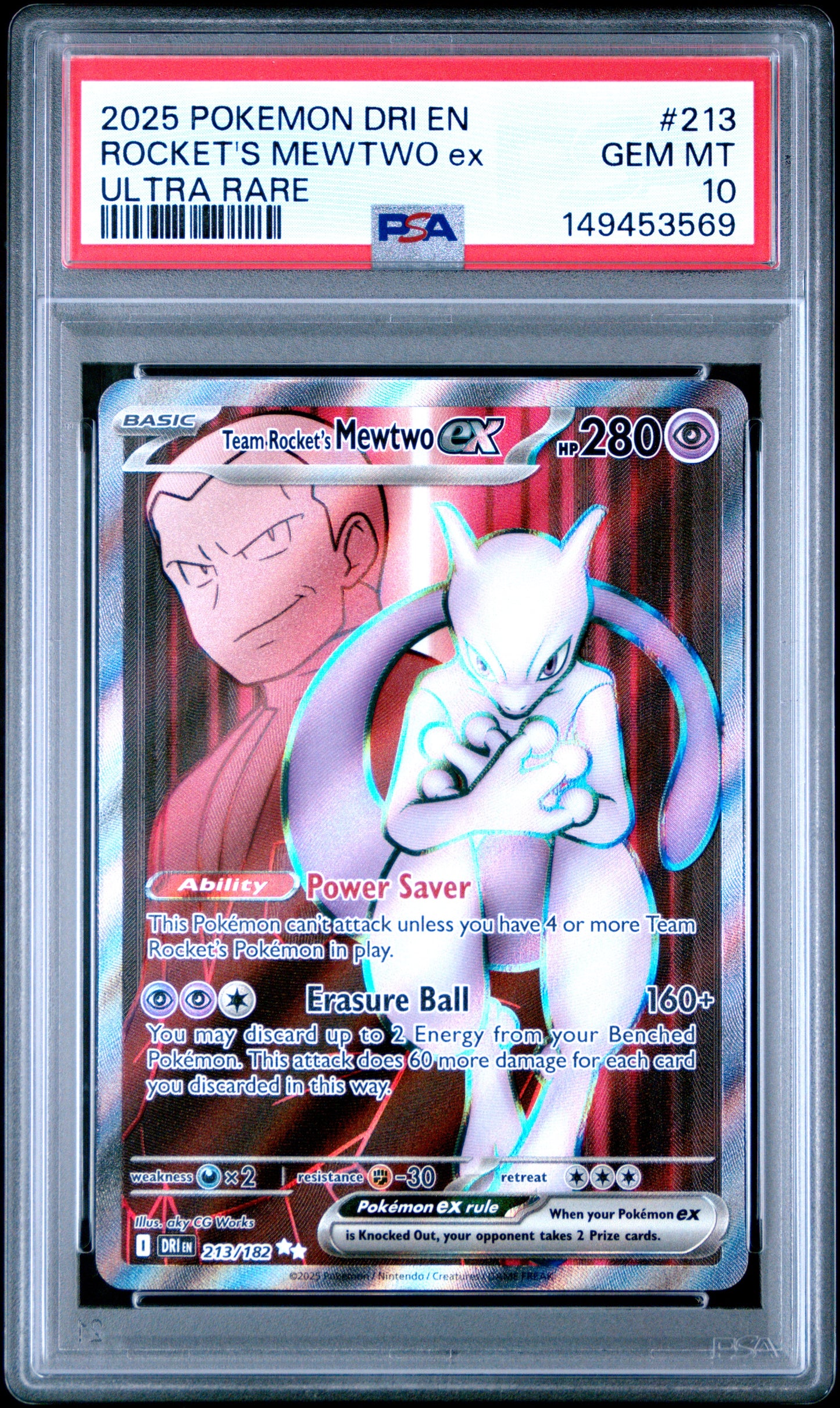 PSA 10 Gem Mint graded 2025 English Pokémon Destined Rivals Team Rocket's Mewtwo ex full art ultra rare card number 213/182 featuring a Giovanni illustration cameo background in a protective grading slab.