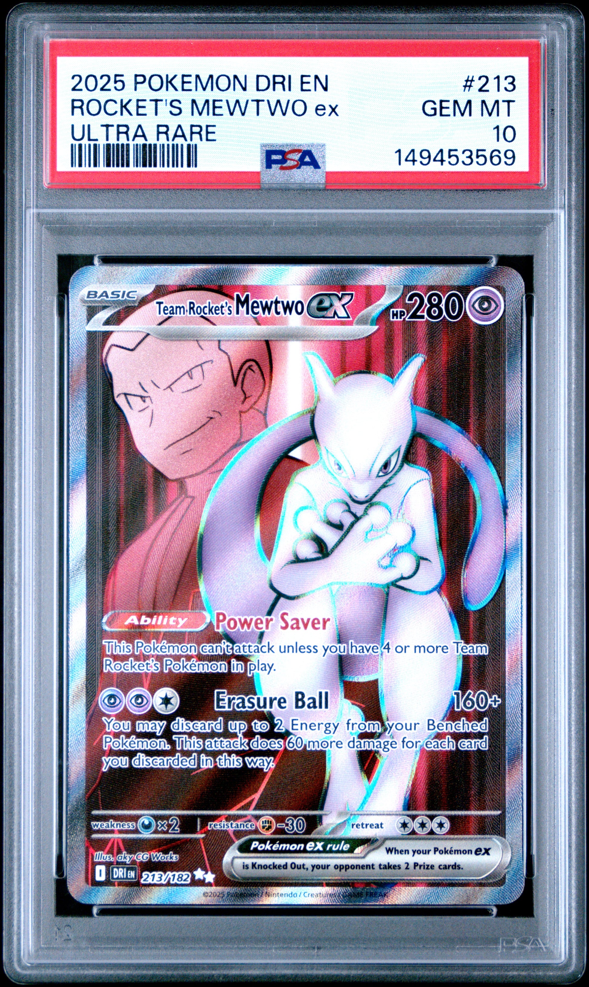 PSA 10 Gem Mint graded 2025 English Pokémon Destined Rivals Team Rocket's Mewtwo ex full art ultra rare card number 213/182 featuring a Giovanni illustration cameo background in a protective grading slab.