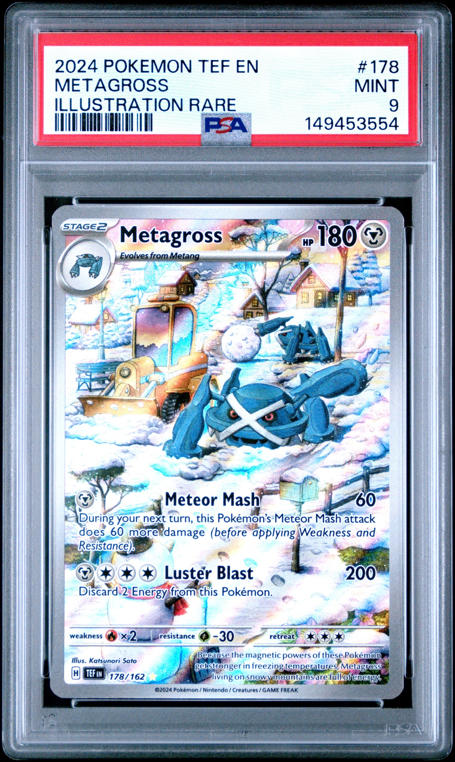 PSA 9 Mint graded 2024 English Pokémon Temporal Forces Metagross full art illustration rare card number 178/162 featuring a snowy winter village scene in a protective grading slab.