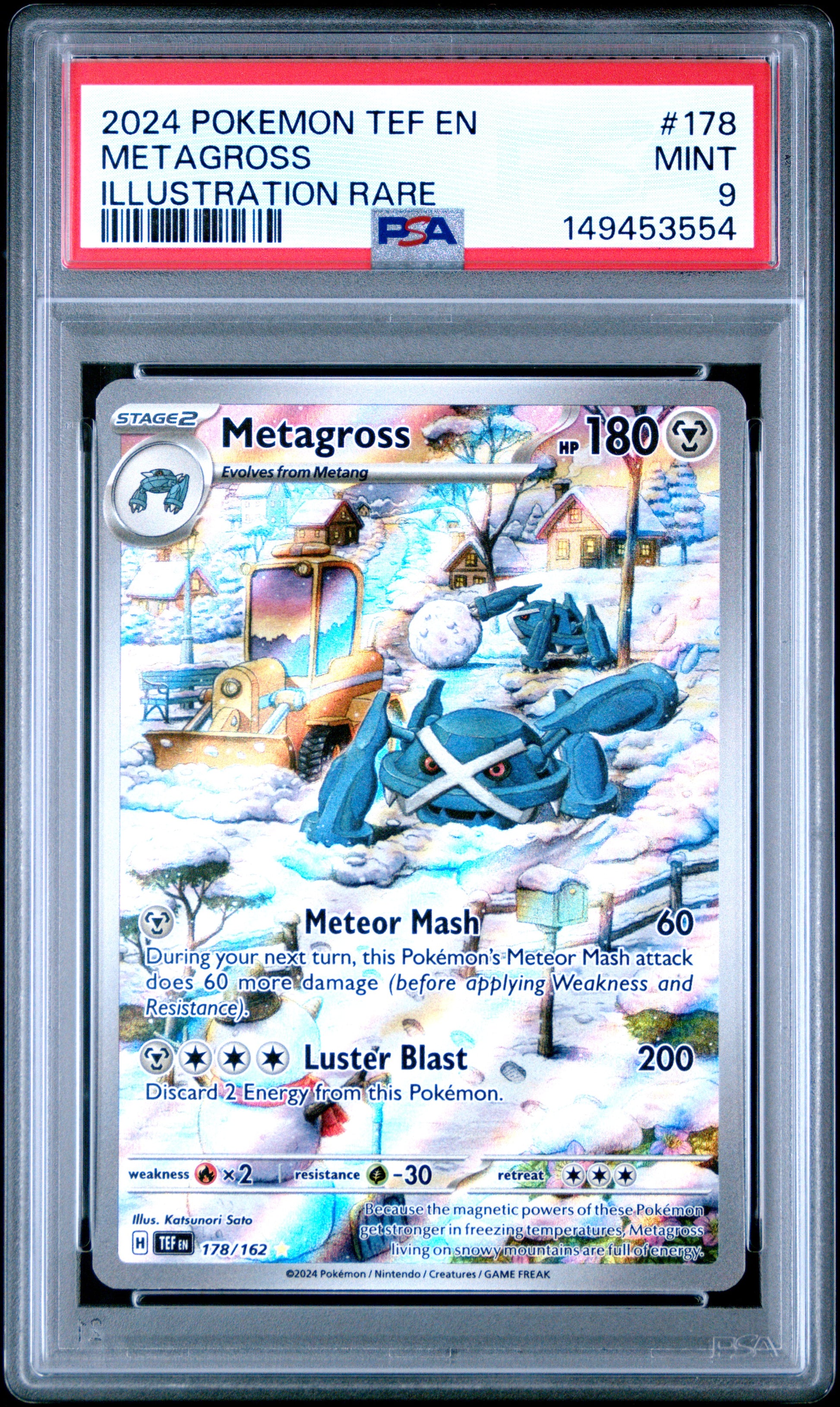 PSA 9 Mint graded 2024 English Pokémon Temporal Forces Metagross full art illustration rare card number 178/162 featuring a snowy winter village scene in a protective grading slab.