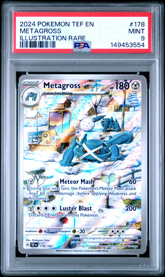 PSA 9 Mint graded 2024 English Pokémon Temporal Forces Metagross full art illustration rare card number 178/162 featuring a snowy winter village scene in a protective grading slab.