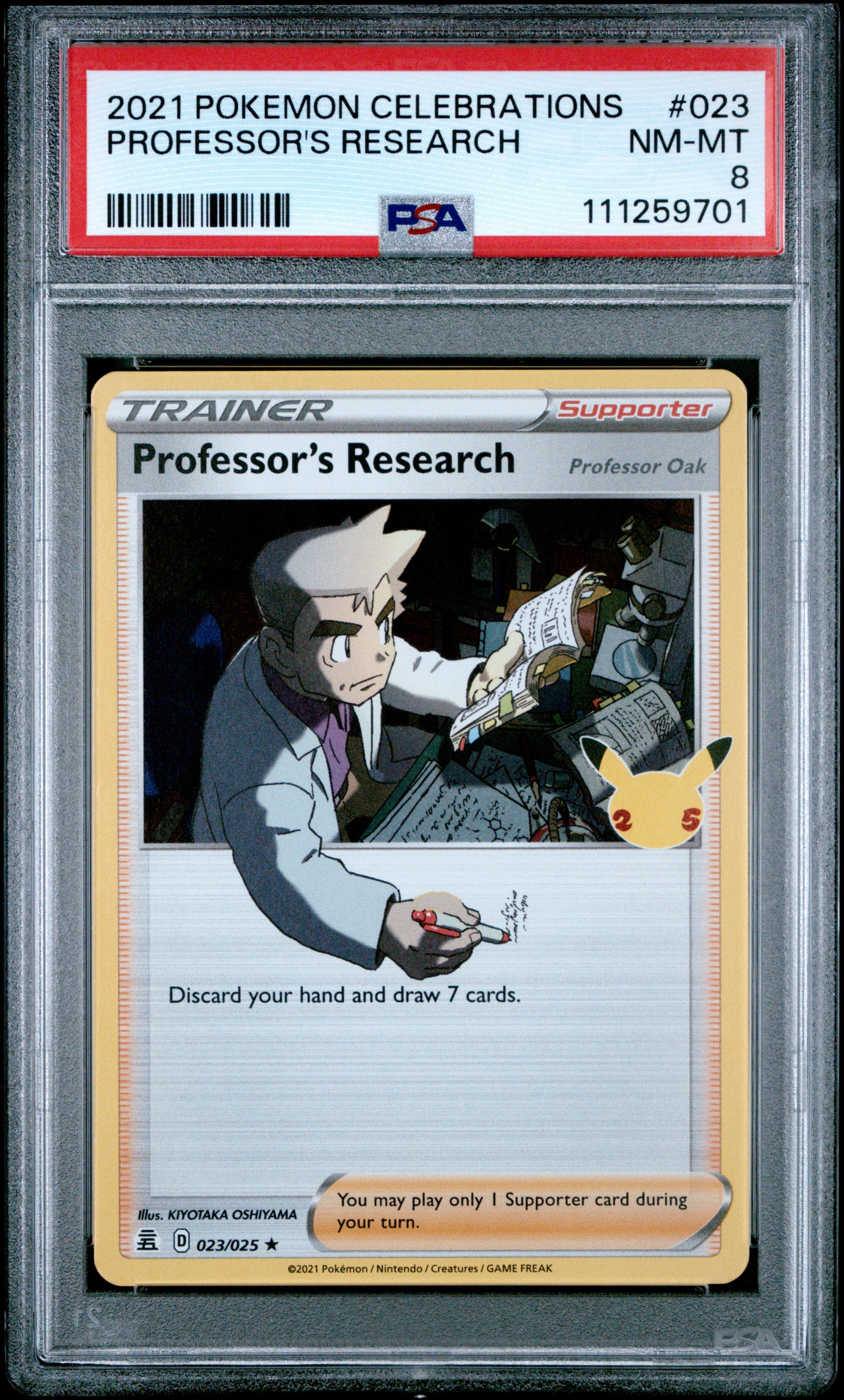 2021 Pokémon Celebrations Professor’s Research #023 – PSA 8 NM-MT featuring Professor Oak in lab with Pikachu stamp
