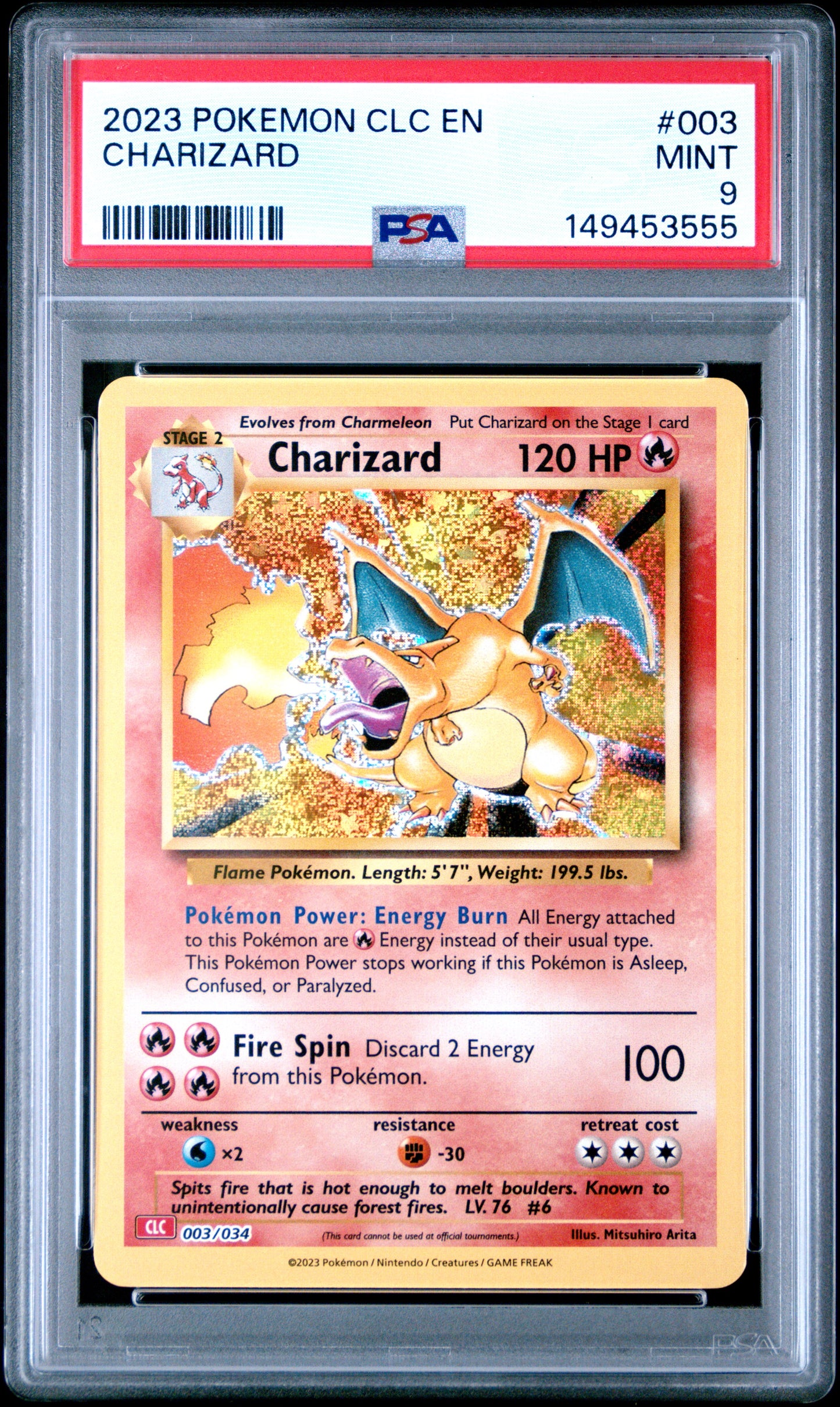 PSA 9 Mint 2023 English Classic Collection Charizard Holofoil card number 003/034 featuring iconic Mitsuhiro Arita artwork in a red-label PSA slab.