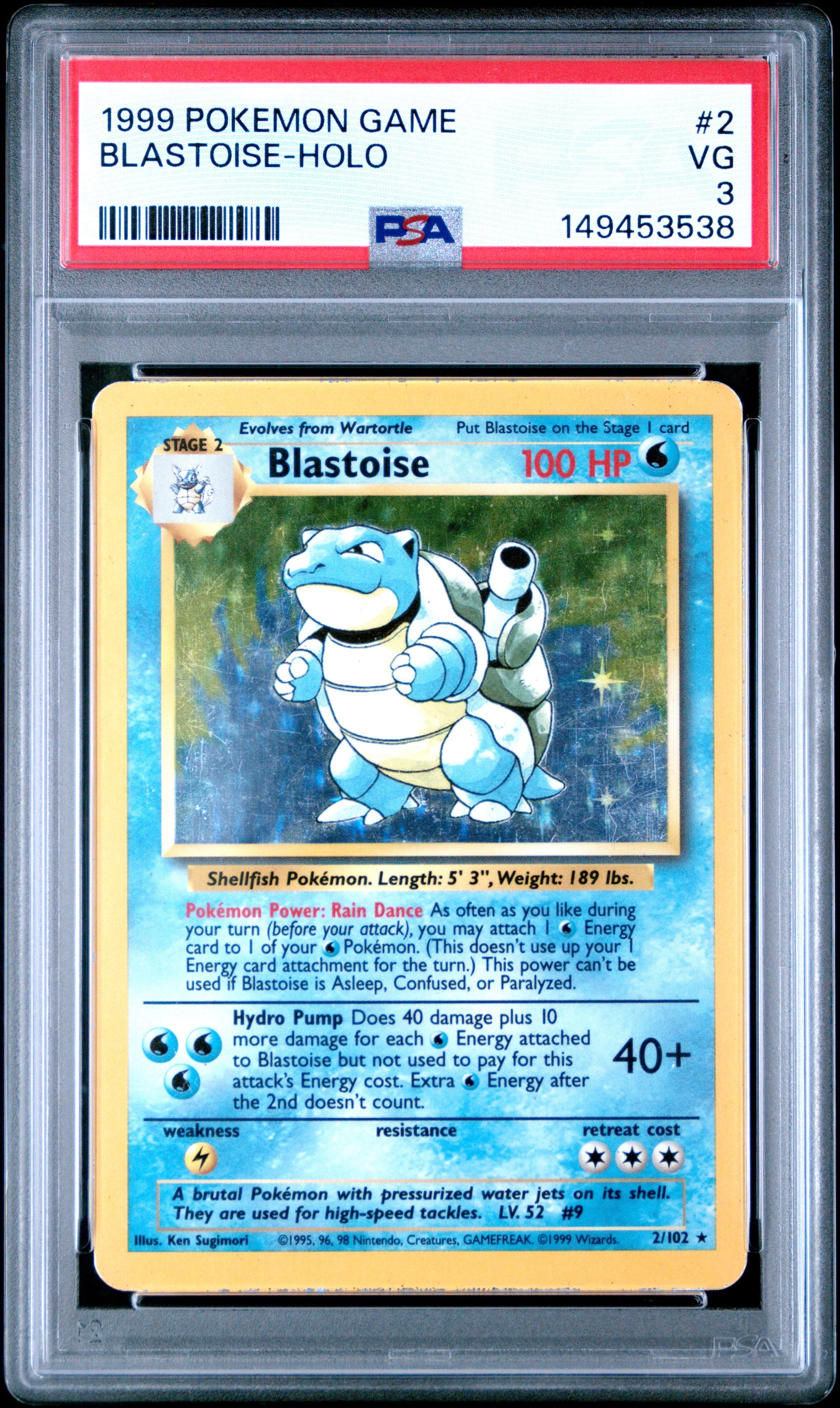 PSA 3 Very Good graded 1999 English Pokémon Base Set Blastoise rare holographic card number 2/102 featuring Ken Sugimori artwork in a protective grading slab.