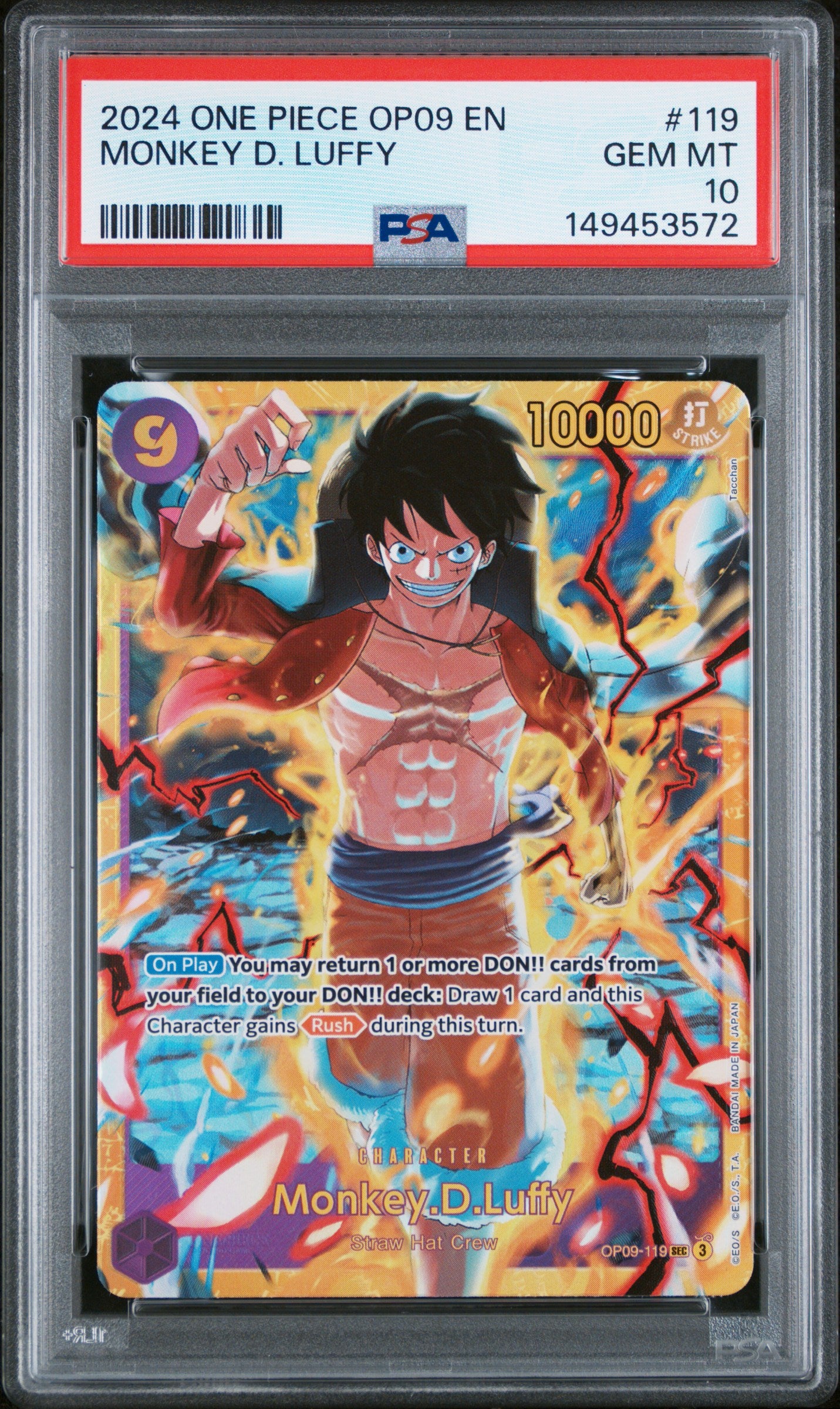 PSA 10 Gem Mint graded 2024 English One Piece Monkey D. Luffy OP09-119 SEC Alternate Art Parallel full art textured holofoil card from the Emperors in the New World expansion set.