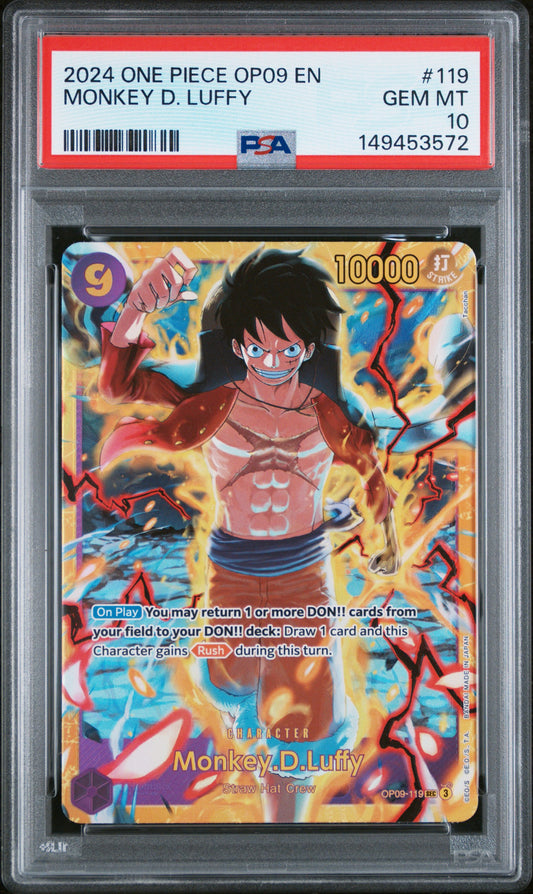 PSA 10 Gem Mint graded 2024 English One Piece Monkey D. Luffy OP09-119 SEC Alternate Art Parallel full art textured holofoil card from the Emperors in the New World expansion set.
