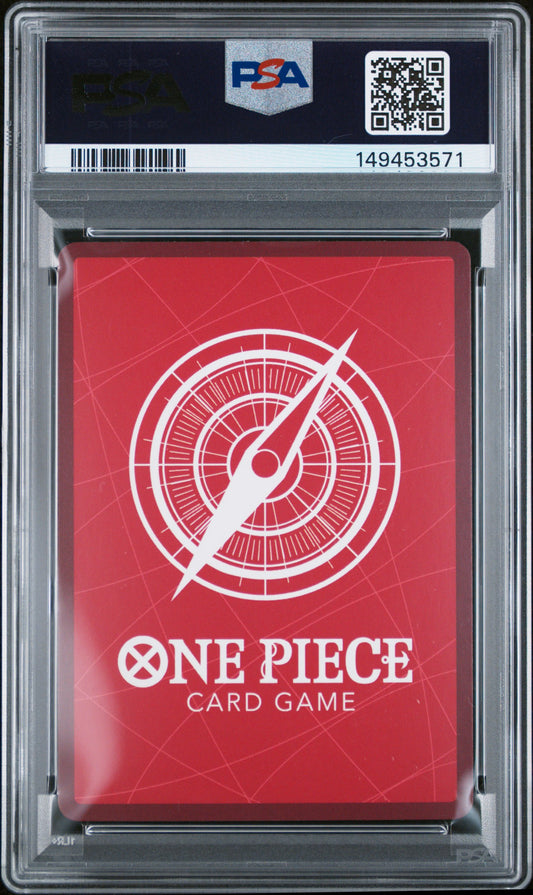 PSA 10 Gem Mint graded 2024 English One Piece Marshall D. Teach OP09-081 L Alternate Art Parallel Leader full art manga-style textured holofoil card by Eiichiro Oda from Emperors in the New World.